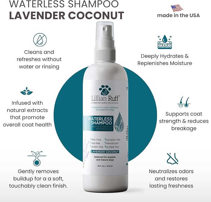 Lillian Ruff Waterless No-Rinse Dog Dry Shampoo Spray with Hydrating Essential Oils - pH-Balanced Dry Shampoo for Dogs - Clean, Condition, Detangle & Deodorize Dry, Sensitive Skin (16oz/Brush)