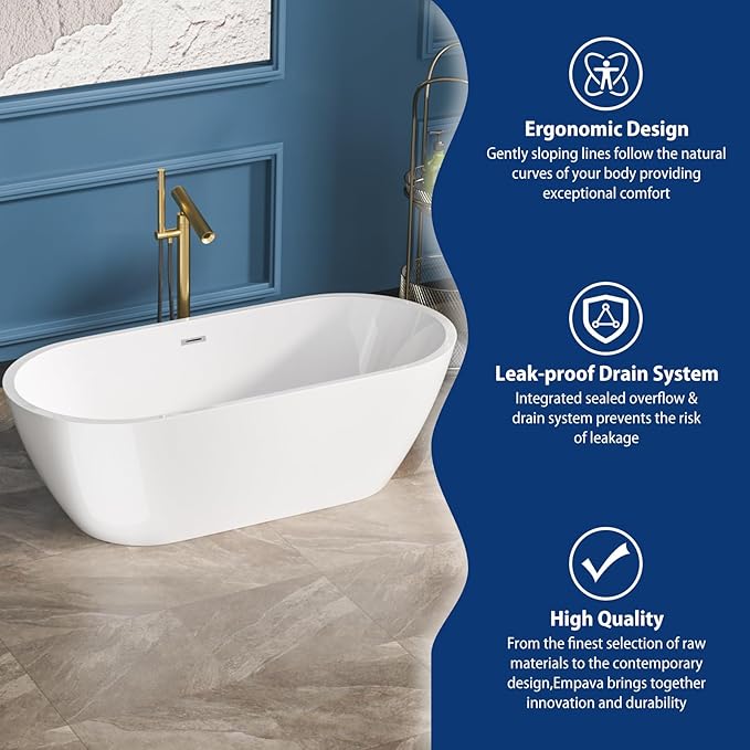 Sarlai 67 Inch Acrylic Freestanding Soaking Bathtub Contemporary Soaking White Tub Stand Alone Ergonomic Bathtub with Chrome Drain and Overflow