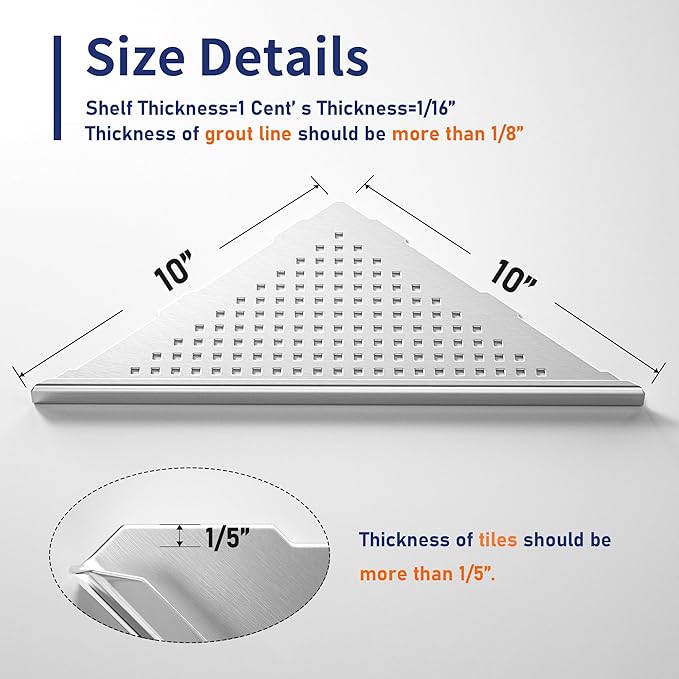 Corner Shower Shelf, 304 Stainless Steel 10" Brushed Recessed Shelf for Bathroom, Grout in Shelf for Tiled Wall