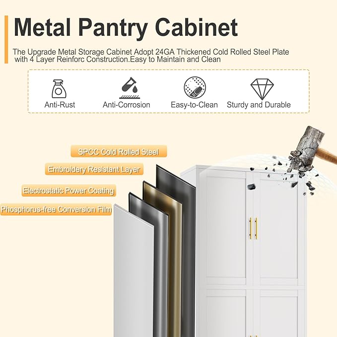 75" Tall Metal Kitchen Pantry Storage Cabinet, Freestanding Cupboard with 4 Doors and 4 Adjustable Shelves, Standing Storage for Kitchen, Bathroom, Garage, Dinning Room or Utility Room（White）