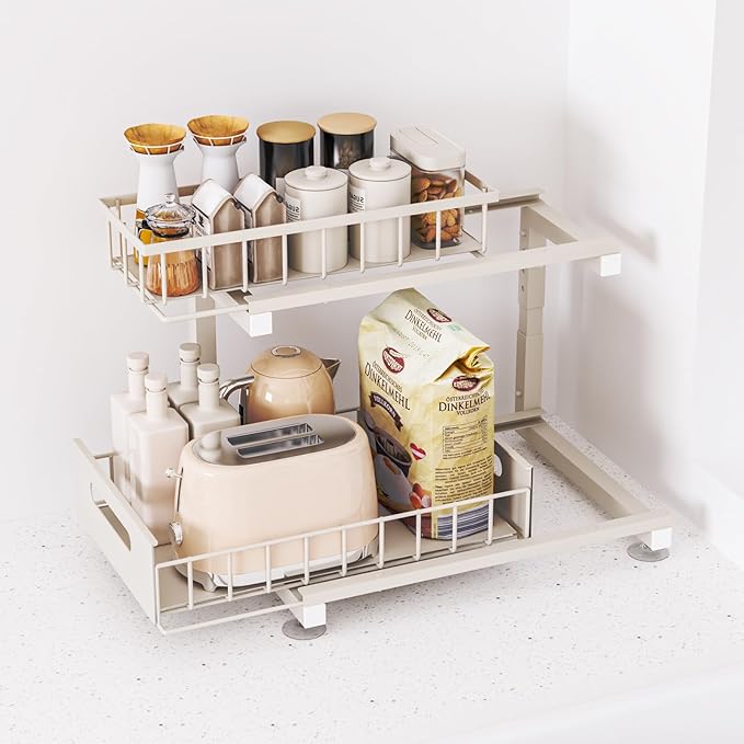 2 Pack Under Sink Organizer, Heavy Duty Metal Slide Out Sink Shelf Organizer Height Adjustable, Multi-Purpose Storage Shelf for Kitchen Bathroom (Sand,2Pack)