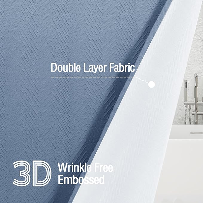 Gibelle Ombre Blue Shower Curtain, 3D Embossed Textured Herringbone Fabric Shower Curtain, Modern Farmhouse Bathroom Decor Soft Cloth Shower Curtain Set with Hooks, 72x72