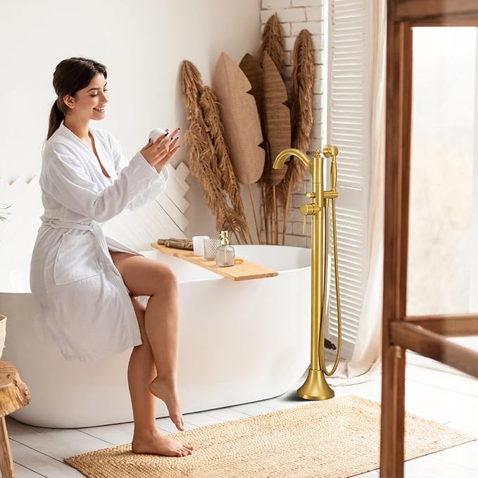 Free Standing Tub Faucet, Brushed Gold Classic Freestanding Bathtub Faucet with Vintage Hand Shower Brass High Flow Rate Floor Mount Tub Filler Swivel Spout Roman Tub Faucet Set (WT-9002BG)
