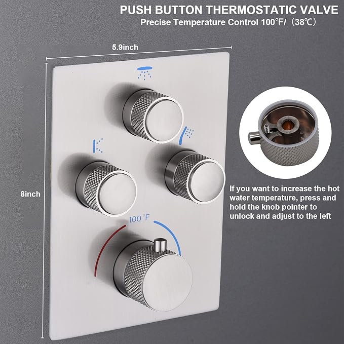 Modern Push Button 3 Way Thermostatic Shower Valve, Concealed 3 Outlet Multi Function Brass Mixer Shower Diverter Valve Kit Can Control Flow and On-Off Simultaneously, Brushed Nickel