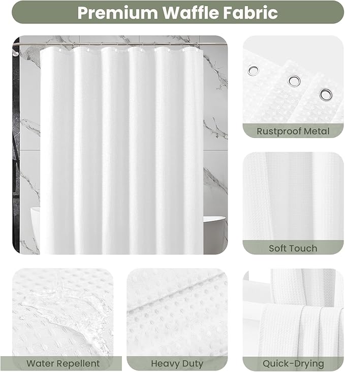 Inhousolu Fabric Shower Curtain Waffle Weave, 230 GSM Heavy Duty, Weighted Hem, 12 Metal Hooks, Water Repellent, Machine Washable, Hotel Spa Luxury Bath Curtain Set, 54 x 78 Inch, White