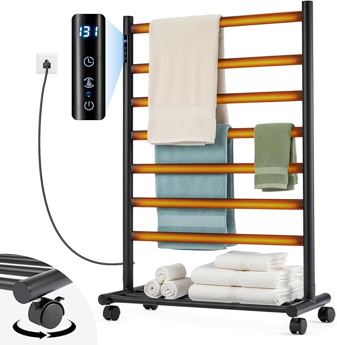GROWNEER Upgraded Heated Towel Rack, 7 Bars Towel Warmer Rack, Wall Mounted & Freestanding Towel Warmer for Bathroom, Timer & Temperature Multi-Level Adjustments, Overheating Protection (Black)