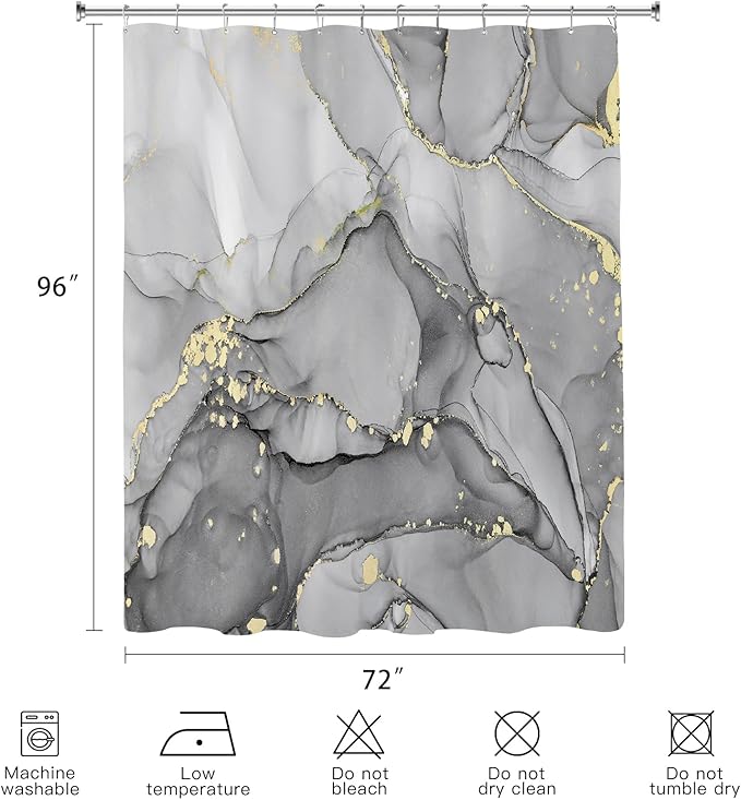 Extra Long Shower Curtain 72 x 96 Inch, Grey Floor to Ceiling X-Long Abstract Marble Shower Curtains for Bathroom, Modern Luxury Art Ink Fabric Shower Curtain Set with Hooks