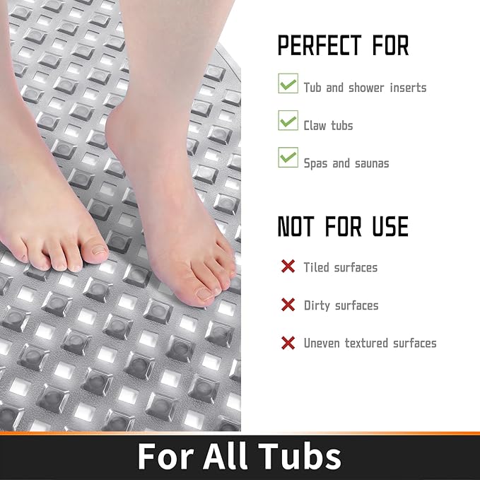 Yimobra Bathtub Mat Non Slip, Super Strong Suction Cups, 27.5"x15.5" Long Shower Mat with Drain Holes, Machine Washable Fast Draining Bath Mats, Bathroom Essentials,Clear Gray