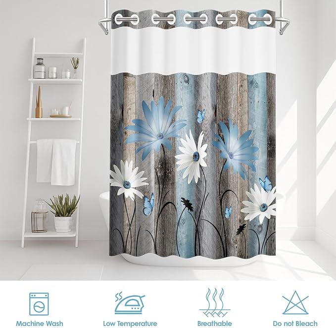 No Hook Rustic Farmhouse Shower Curtain with Snap in Fabric Liner Set, Blue Daisy Flowers and Butterfly on Wooden Double Layers Waterproof with See Through Top Bath Curtain 54x80 Inch