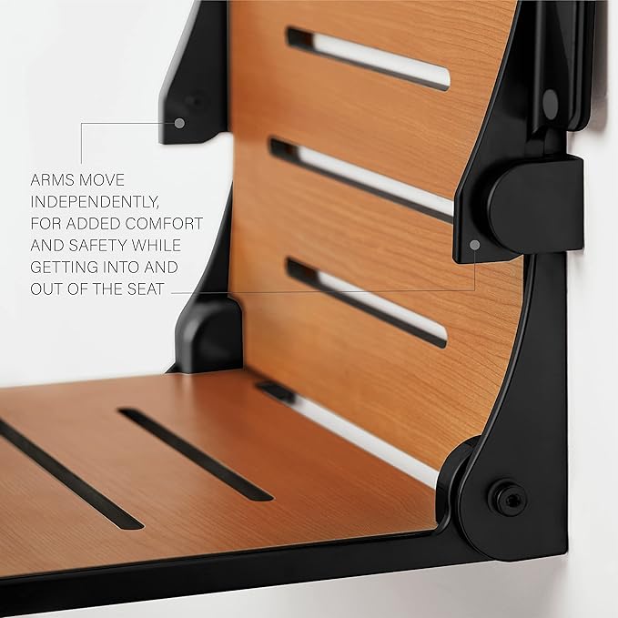 Seachrome Silhouette Comfort Folding Wall Mount Shower Bench Seat with Arms, Teak Seat with Matte Black Frame