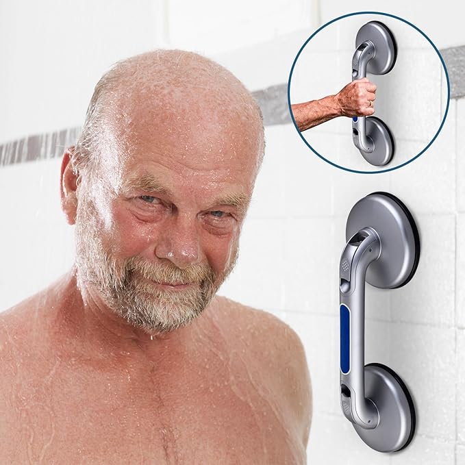New Shower Handle Shower Grab Bars for Bathtubs and Showers,Strong Hold Suction Cup Grip Grab,Bath Handle for Handicap Elderly Seniors Bathroom Safety Grab Bar（Silver Blue）
