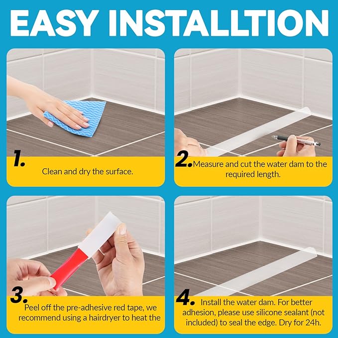 67'' Collapsible Shower Threshold Water Dam Shower Barrier Keeps Water Inside Threshold Dry and Wet Separation Retention System Suitable for Bathroom Kitchen Sink Bathtub