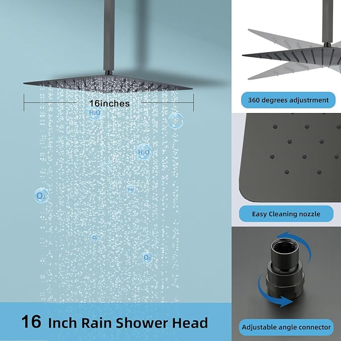 Digital Display Shower System Set 16 Inches Rain Fall Head Temperature Valve Shower Handheld Shower Head Sets for Bathroom Concealed Installation