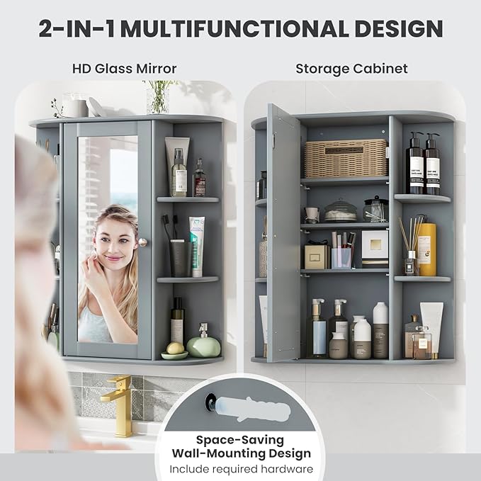 Tangkula Bathroom Medicine Cabinet, Wall Mounted Storage Cabinet with Mirror Door, Removable & 3 Adjustable Shelves, Wooden Hanging Wall Mirror Cabinet for Bathroom Living Room Laundry (Grey)