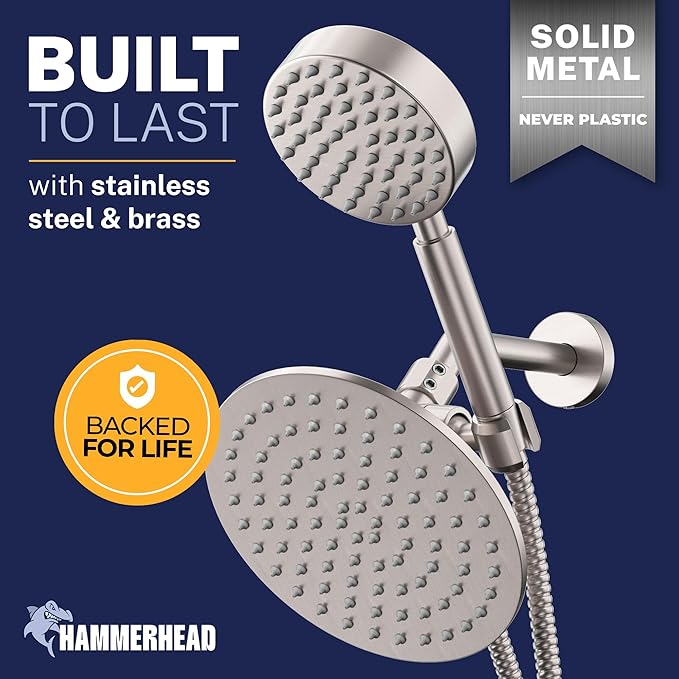 HammerHead Showers® Solid Metal Dual Shower Head Combo – BRUSHED NICKEL – 8 Inch Rainfall High Flow Shower Head & Handheld Shower Head High Pressure with Hose 6ft - Hotel-Like Double Shower Heads