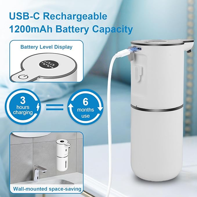 Automatic Liquid Soap Dispenser Touchless, USB Rechargeable Smart Hand Soap Dispenser, 6-Level Adjustable, 12.8oz/380mL Wall Mounted for Bathroom Kitchen Dish Soap White