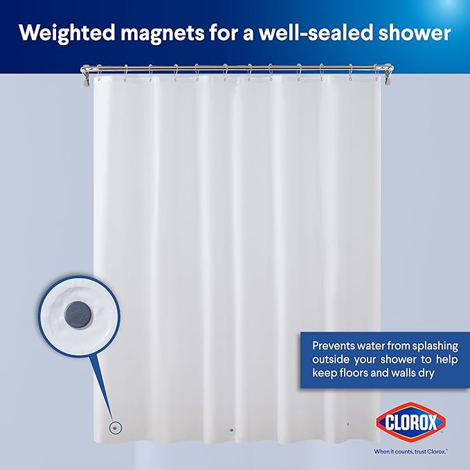 CLOROX Shower Curtain Liner, Premium Lightweight Flexible Waterproof 8g PEVA for Bathroom with Weighted Magnets, Standard Size 72" x 72", White 1 Pack