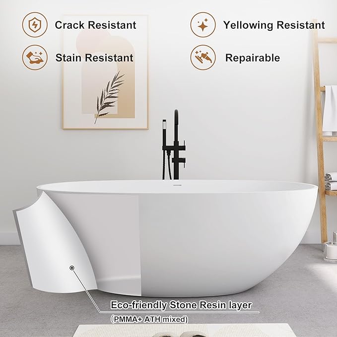 SJ STAR&JANE 61" Solid Surface Freestanding Bathtub, Oval Soaking Tub with Overflow and Pop-up Drain for Bathroom