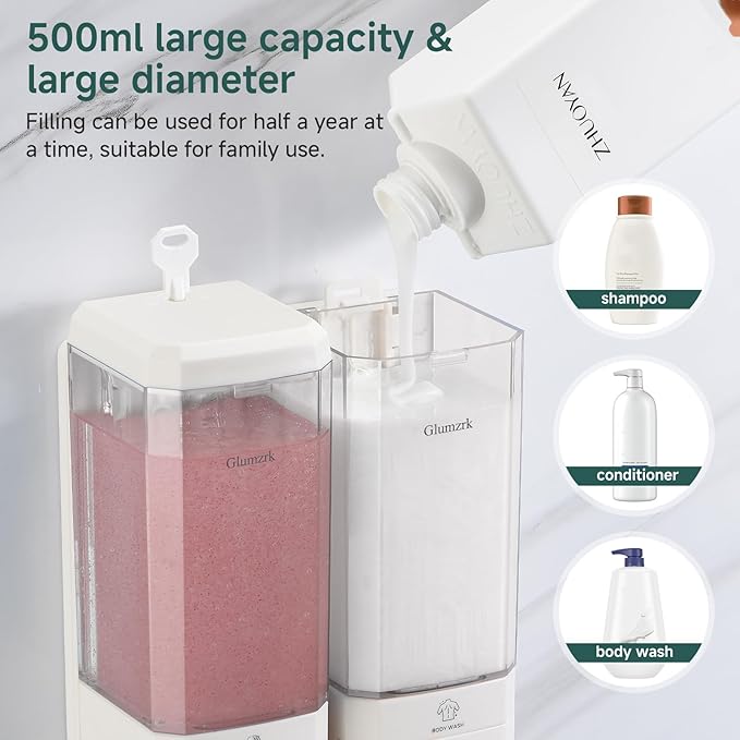 Shampoo and Conditioner Dispenser Wall Mounted No Drill, Shower Soap Dispenser 2 Chamber Shampoo Conditioner Body Wash Refillable 2 * 17oz Shower Soap Dispenser for Bathroom Hotel, White+Clear