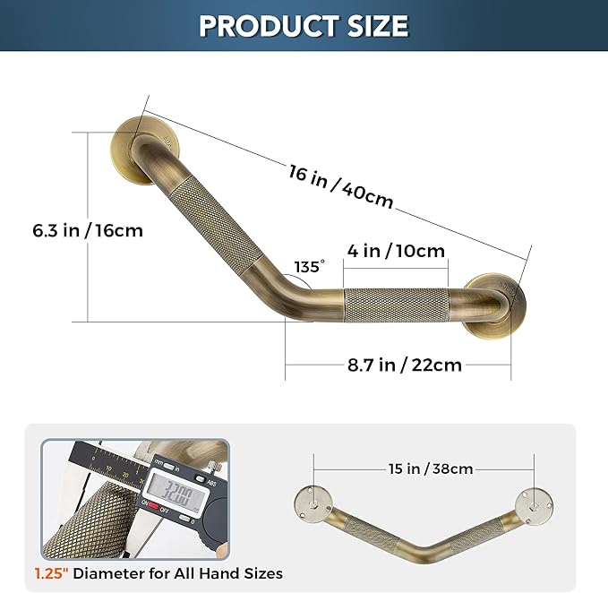 Grab Bars for Bathtubs and Showers- 1-1/4 x 16 Angled Shower Grab Bar for Seniors Knurled Stainless Steel Handicap Grab Bars for Wall (Antique Bronze, 1 Pack)