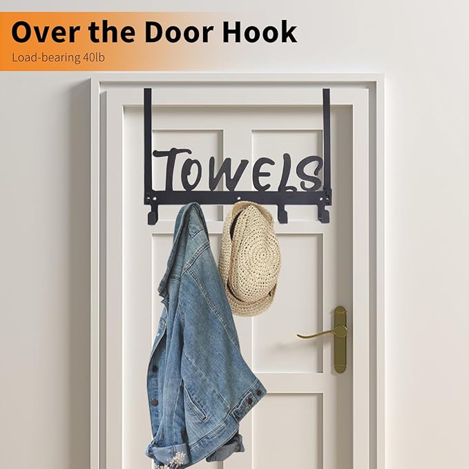 Over The Door Hook, Towel Hook for Bathroom, Towel Hanger Door Rack with 5 Coat Hooks, Over The Door Hanger Towel Rack for Bathroom, Bedroom Towels Coats(Gold)