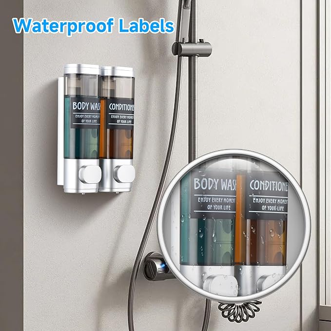 Shampoo and Conditioner Dispenser,GlintGath Shower Dispenser 2 Chamber No Drill Shampoo Dispenser for Shower Wall Mounted Shower Soap Dispenser for Bathroom Hotel,2 * 300ML,Silver