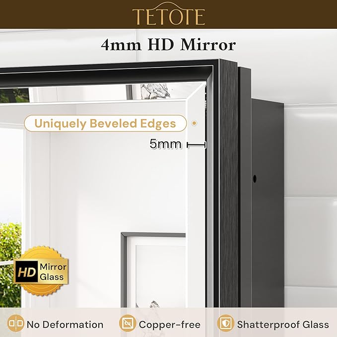 TETOTE 16" x 24" Medicine Cabinet with Beveled Mirror Black Framed Recessed Medicine Cabinet for Bathroom with Stepless Adjustable Shelves Wall-Mounted
