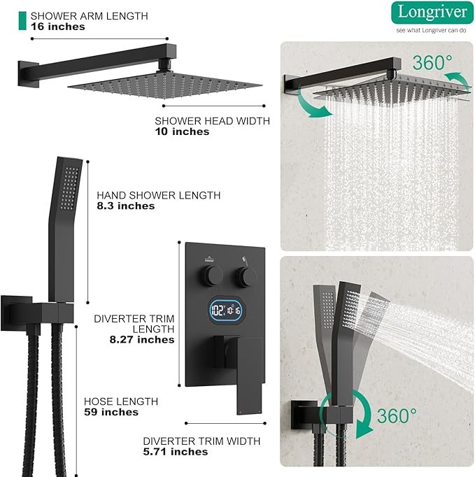 Push Button Diverter Shower Faucet Set, Hydro Power Temperature Display, Shower System 10 Inch Shower Head with Handheld Spray, Wall Mounted Shower Fixtures with Shower Valve and Trim Kit, Matte Black