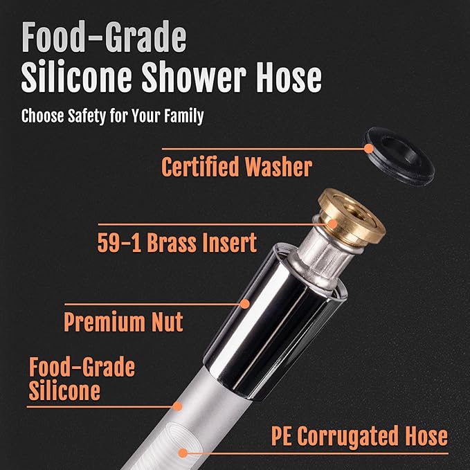 Shower Hose, Food grade Silicone Shower Head Hose, Kink-Free Handheld Shower Hose Extension, Rv Shower Hose Replacement with Premium Brass Material for Cleaning Pet, Bidet, 60 Inches, Silver
