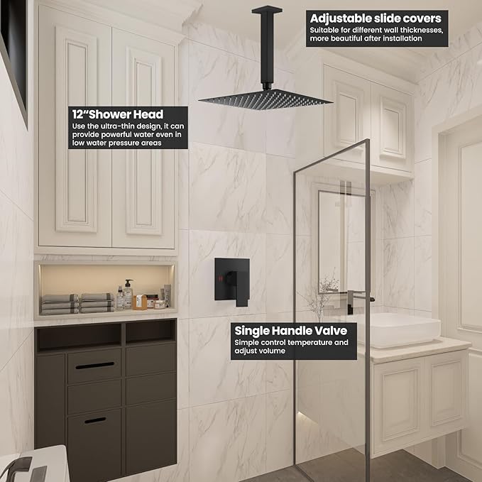 Airuida Shower Faucet Set and Handle Set Single Function Shower Trim Kit Ceiling Mount Rainfall Shower System with Male Threads and Rough-in Valve 12 Inch Square Shower Head Matte Black