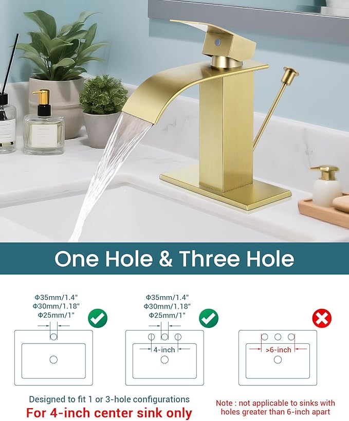 Bathroom Faucets with Lift Rod Drain Brushed Gold Waterfall Bathroom Sink Faucet Modern Single Handle Bathroom Faucet for 1 or 3 Hole Mxier Tap Washbasin Faucet with Deck