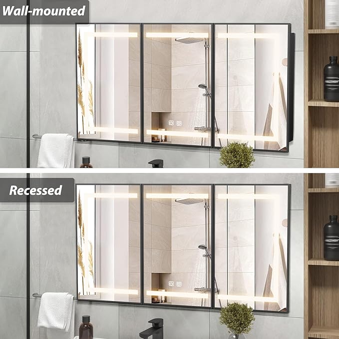 APRILSOUL 60X32 Inch Black Bathroom Medicine Cabinet with Mirror, Recessed or Surface Lighted Medicine Cabinet with 3 Colors Temperature, Dimmable Light