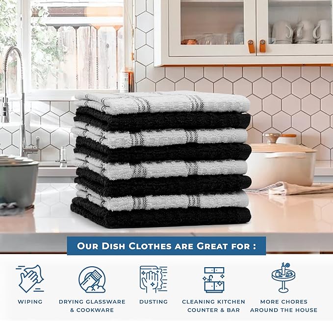 DAN RIVER Premium Dish Cloth 100% Cotton 12 X 12 Inches |Pack of 8|-Ultra Soft Tea Towels-Highly Absorbent Kitchen Rags-Terry Dishcloth for Kitchen and Household Cleaning |Black|