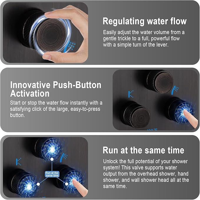 Push Button 3 Way Thermostatic Shower Diverter Valve, Concealed 3 Outlet Multi Function Brass Mixer Shower Valve Kit Can Control Flow and On-Off Simultaneously, Oil Rubbed Bronze