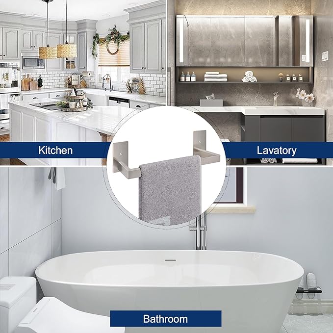 NearMoon Self Adhesive Bathroom Towel Bar, Stainless Steel Square Bath Wall Shelf Rack Hanging Towel Stick On Sticky Hanger Contemporary Style, Towel Rack Wall Mounted (12 Inch, Brushed Nickel)