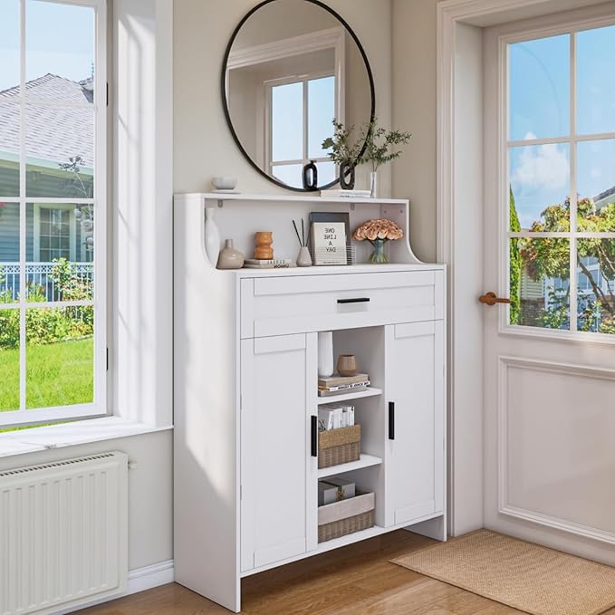 Storage Cabinet with Doors and Drawers, Kitchen Storage Cabinet with 1 Large Drawer,2 Doors,and 2 Adjustable Shelves,for Bathroom/Kitchen/Living Room/Entrance Hall (White)