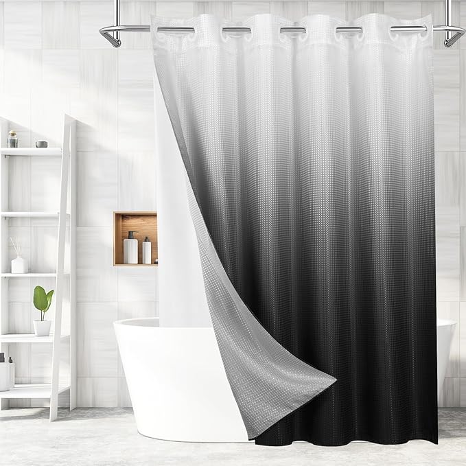 MitoVilla Black Ombre Long Shower Curtain Liner Set 72 x 80, No Hooks Needed 80 inch Long Heavyweight Waffle Fabric Shower Curtain Set with Snap-in Liner for Hotel Grade Spa-Like Bathroom Decor