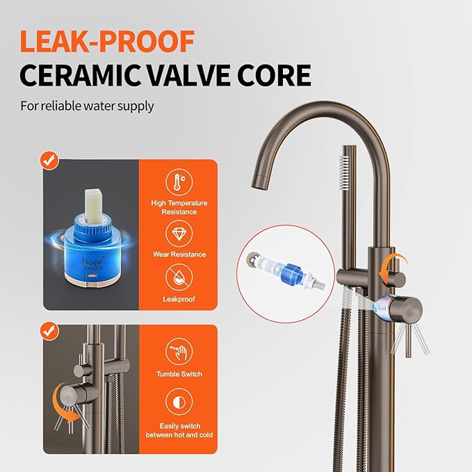 Freestanding Bathtub FaucetFloor Mount Bathtub Filler Shower Mixer Faucet with Handheld Shower Sprayer Swivel, Bottom Inlet，Grey