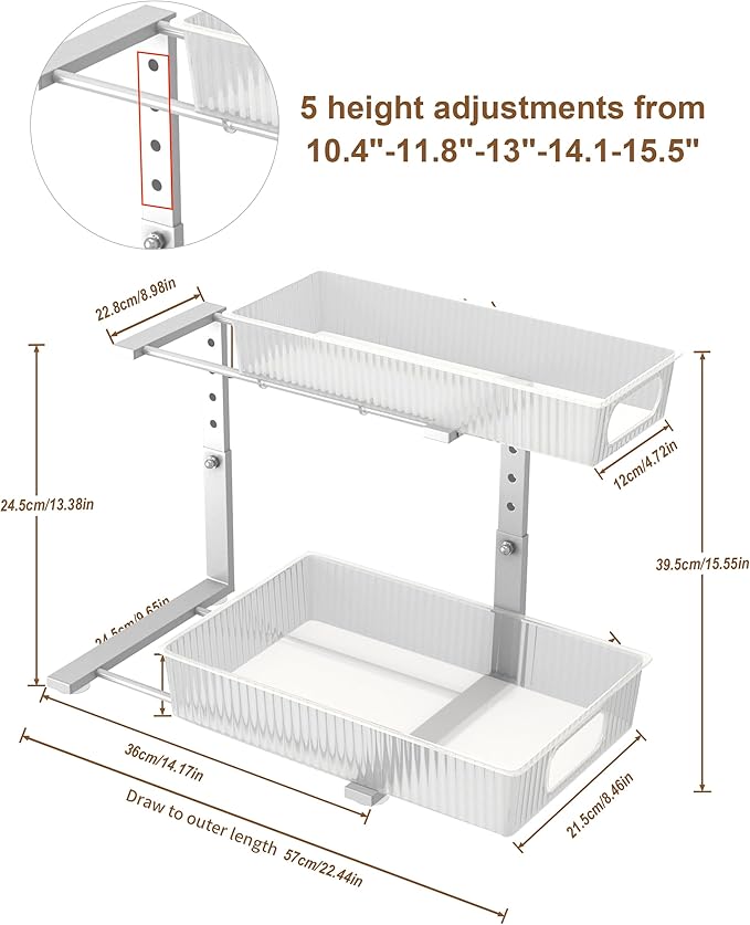UMDONX Under Sink Organizer 2-Pack Adjustable Bathroom Under Sink Pull-Out Organizer with 5 Adjustable Heights for Kitchen, Bathroom & Laundry Storage