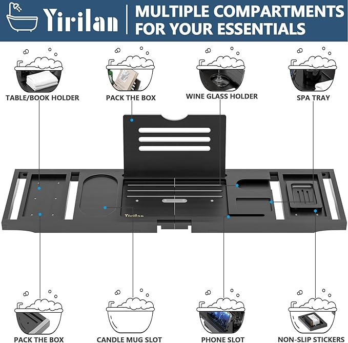 Yirilan Bathtub Tray, Expandable Bath Tray for Tub for Books, Tablets & Wine Glasses for Home Spa, Bathroom Accessories & Gifts