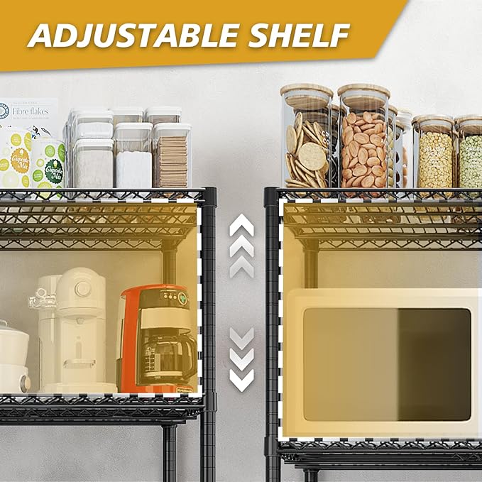4 Tier Storage Racks Shelving, Heavy Steel Pantry Shelves, Adjustable Wire Shelving Rack with Wheels, Suitable for Garage, Kitchen, Bathroom, Office, 46" W x 18" D x 65" H, Black