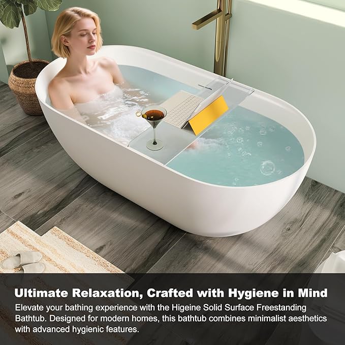 59" Premium Solid Surface Freestanding Bathtub With Acrylic Shelf, Modern Soaking Deep Stone Resin Tub with Overflow and Pop-up Drain, Matte White