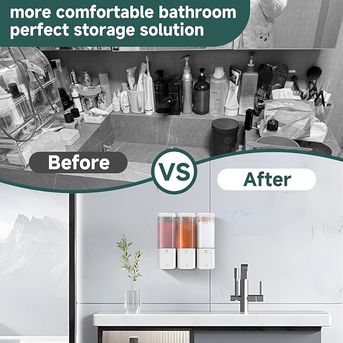 Shampoo and Conditioner Dispenser Wall Mounted No Drill, Shower Soap Dispenser 3 Chamber Shampoo Conditioner Body Wash Refillable 3 * 17oz Shower Soap Dispenser for Bathroom Hotel, White+Clear