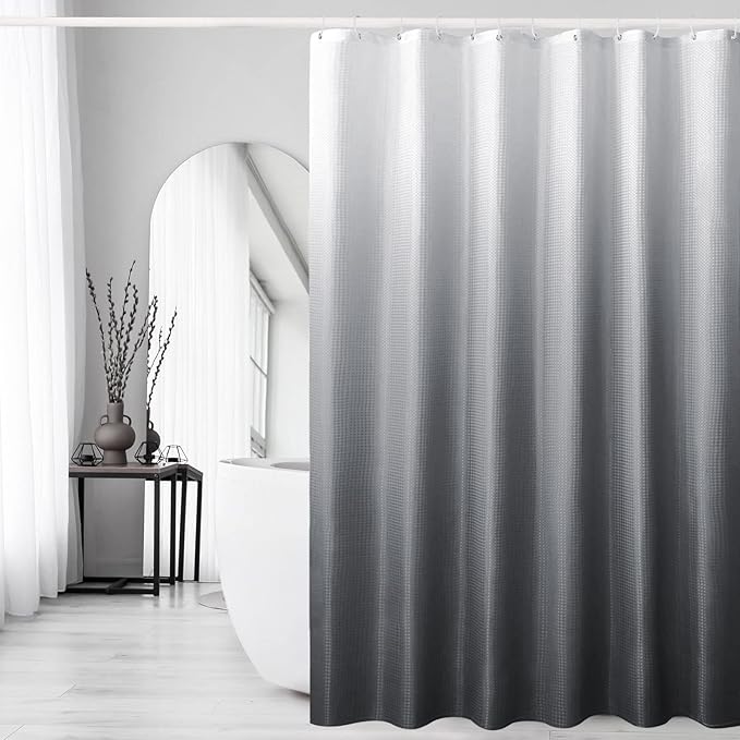 Gibelle Extra Long Shower Curtain 72 x 84, Tall Grey Ombre Shower Curtain for Bathroom, Waffle Weave Fabric Shower Curtain Set with Hooks, Water Repellent, Machine Washable