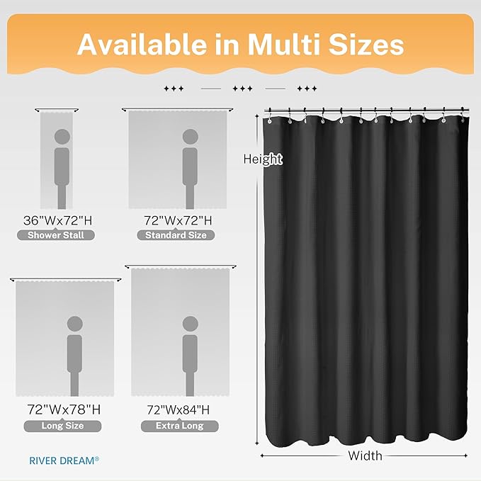 River Dream 3 in 1 Shower Curtain Set, Stall Waffle Fabric Shower Curtain and Waterproof Clear Liner Set with Double Sided Metal Hooks, Black, 36" W*72" H