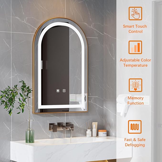 LED Bathroom Mirrors with Lights,24"x36"Black Arched Mirror for Bathroom,Fogless,3 Colors Dimmable,Anti-Fog,Wall Mounted Lighted Vanity Mirror,Gold