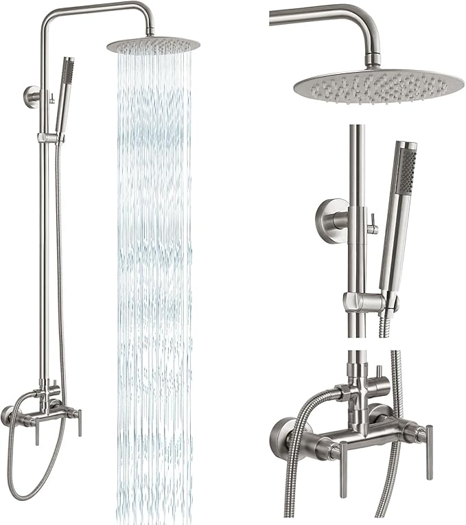 gotonovo Outdoor Shower Fixtures SUS304 Stainless Steel Rain Shower Kit Faucet High Pressure Wall Mount 2 Dual Function 8 Inch Showerhead and Handheld Spray Combo, Double Lever Handle, Brushed Nickel