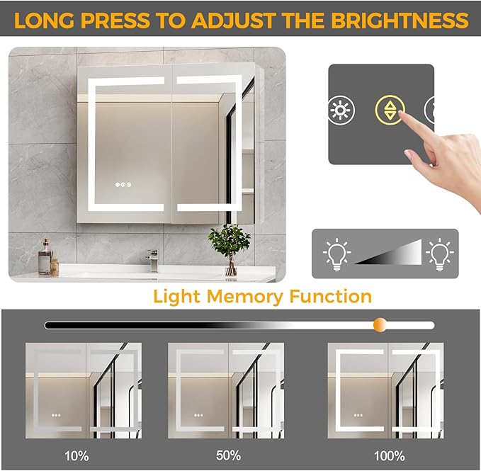 New LED Bathroom Mirror 24 * 36 Stepless Dimmable Wall Mirrors with Anti-Fog, Shatter-Proof, Memory, 3 Colors, Memory Function, Water Proof, Decor Vanity Mirror