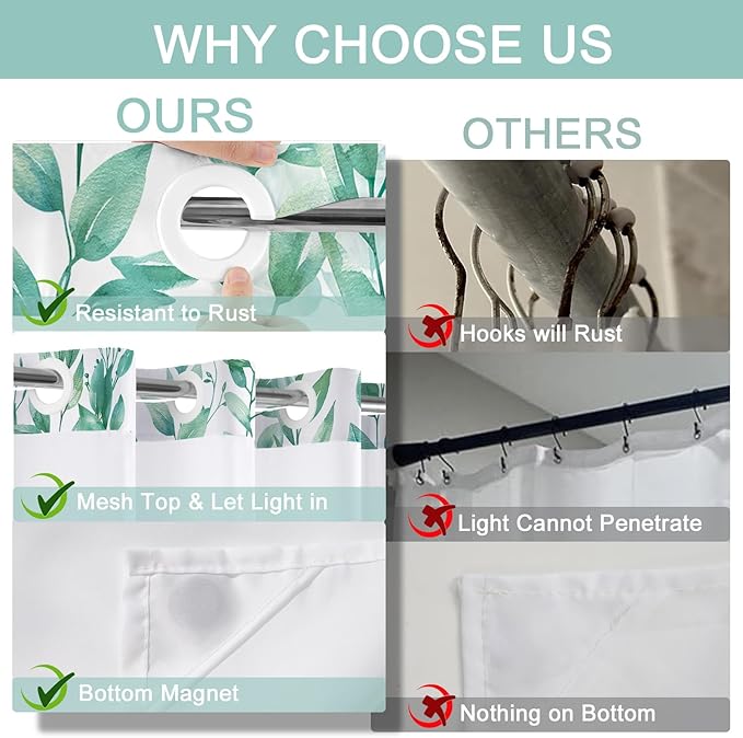 No Hook Shower Curtain and Liner Set, Teal Eucalyptus Floral Shower Curtains for Bathroom, Bath Curtain Sets with Snap in Liner, Waterproof with See Through Top Window, 71x77 Inches