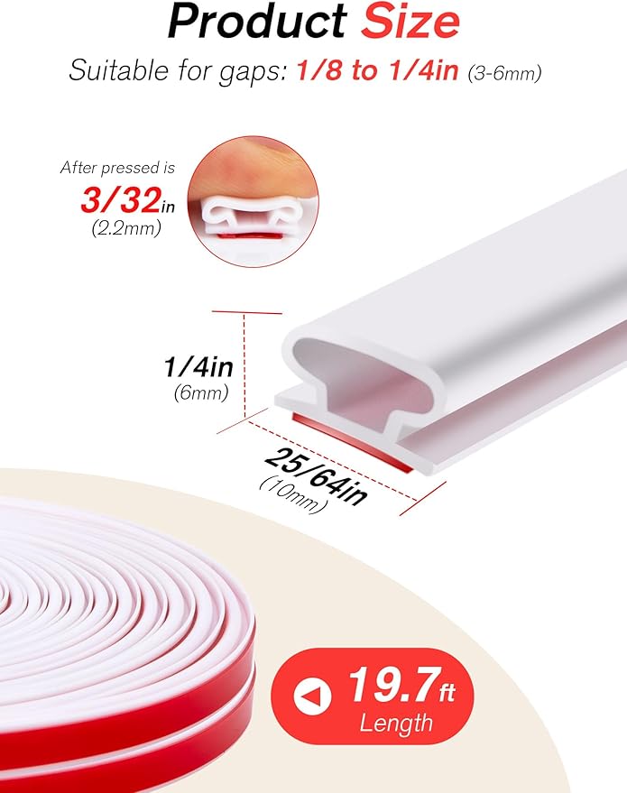 SUNMON Weather Stripping Silicone Door Seal Strip for Doors and Windows, 19.7ft Self-Adhesive Waterproof Window Sealing Strip (White)